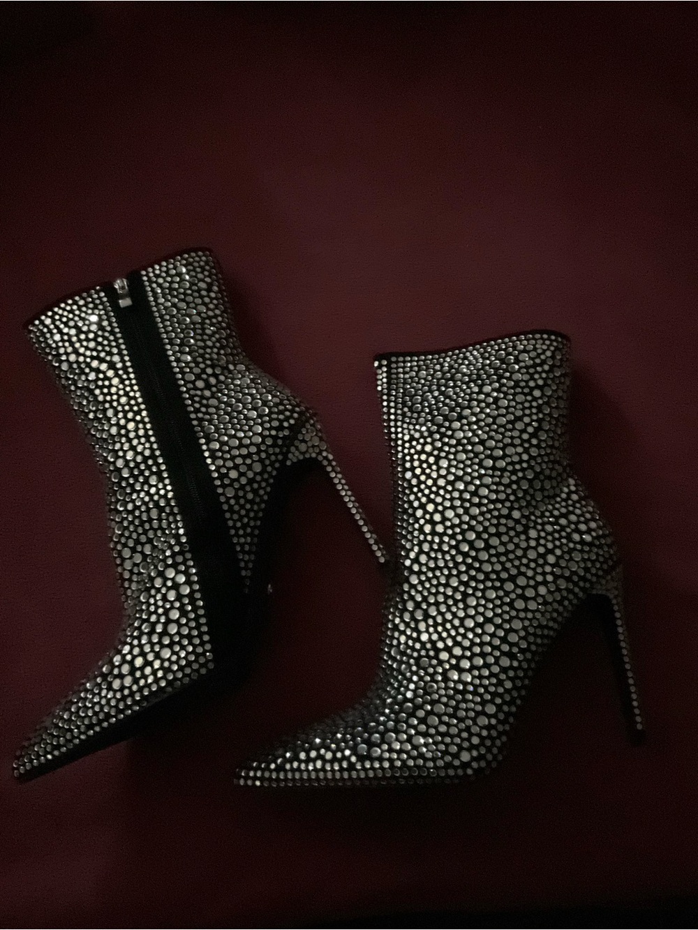 Women's Black Crystal Embellished Pointed Stiletto Ankle Boots. AZALEA WANG